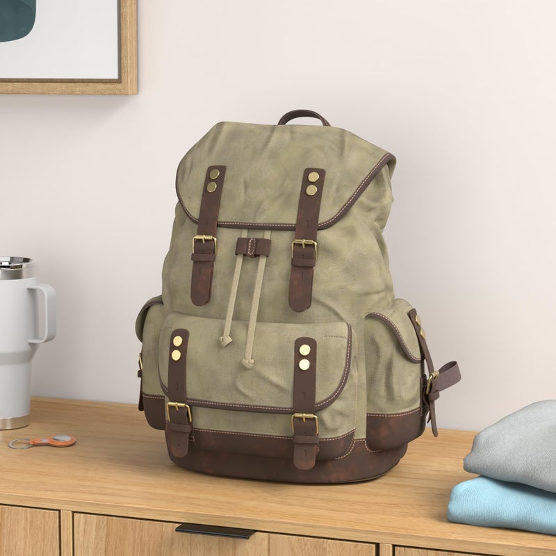 WUDON Men Travel Backpack, Genuine Leather-Waxed Canvas Shoulder Hiking Rucksack (Green) - Image 2